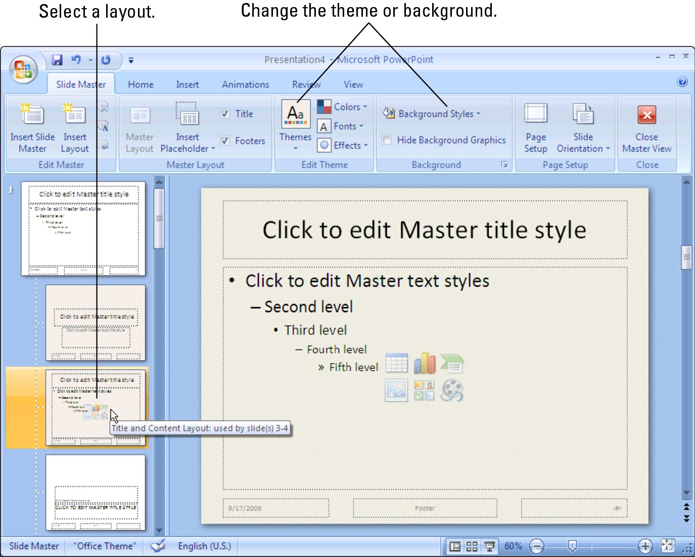 Figure 3-13: Create a background for a layout in Slide Master view.